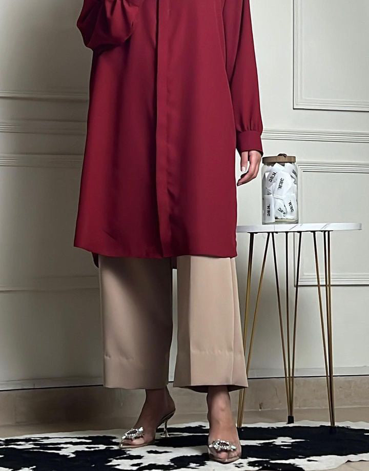 MAROON TOP WITH BEIGE PANTS